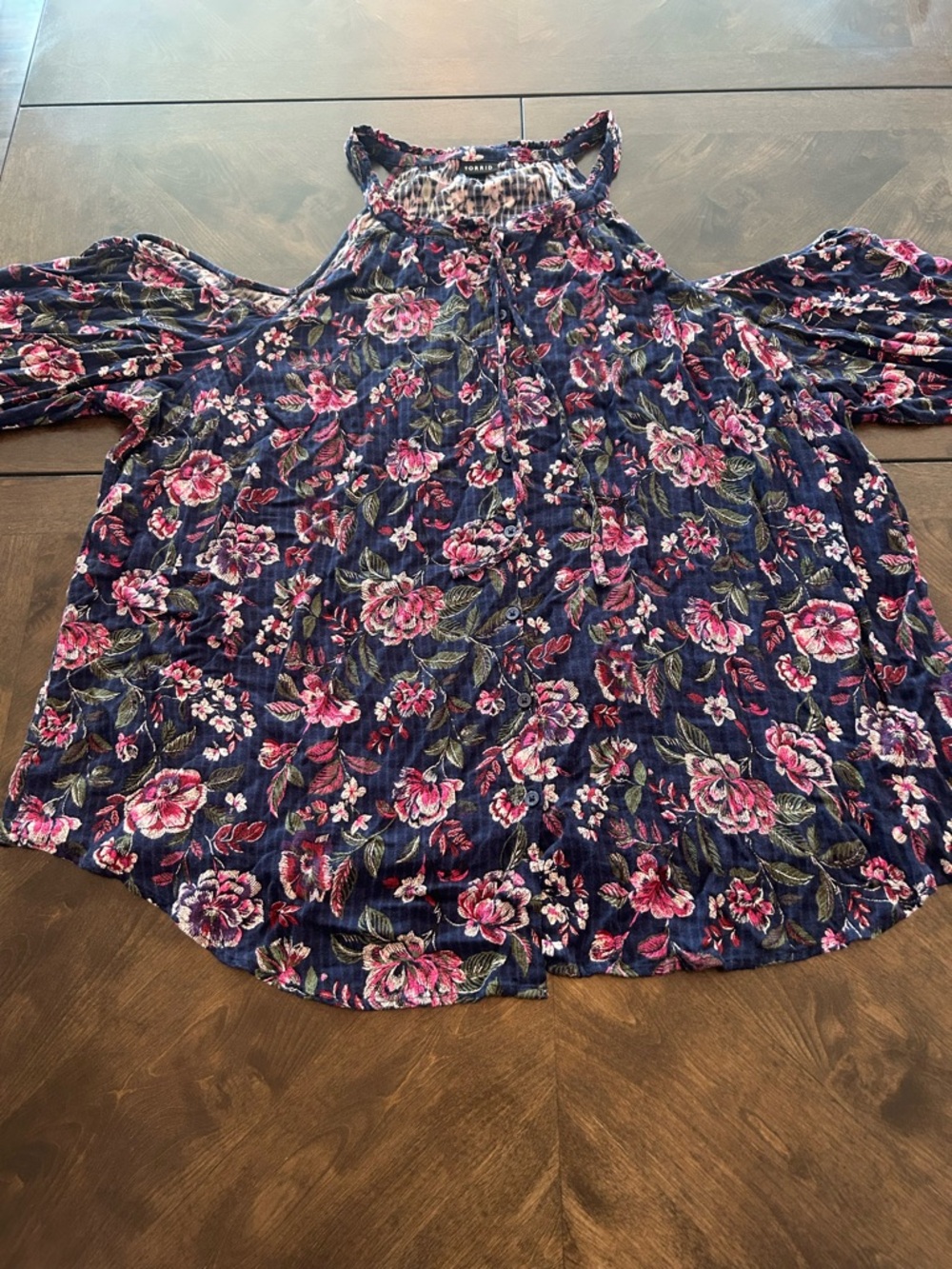 Torrid Open Shoulder Button Down Navy Blouse with Pink and Green Floral Print
